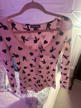 PLAYBOY Pink Long-Sleeve Romper with Black Bunny & Heart Print Lace trim